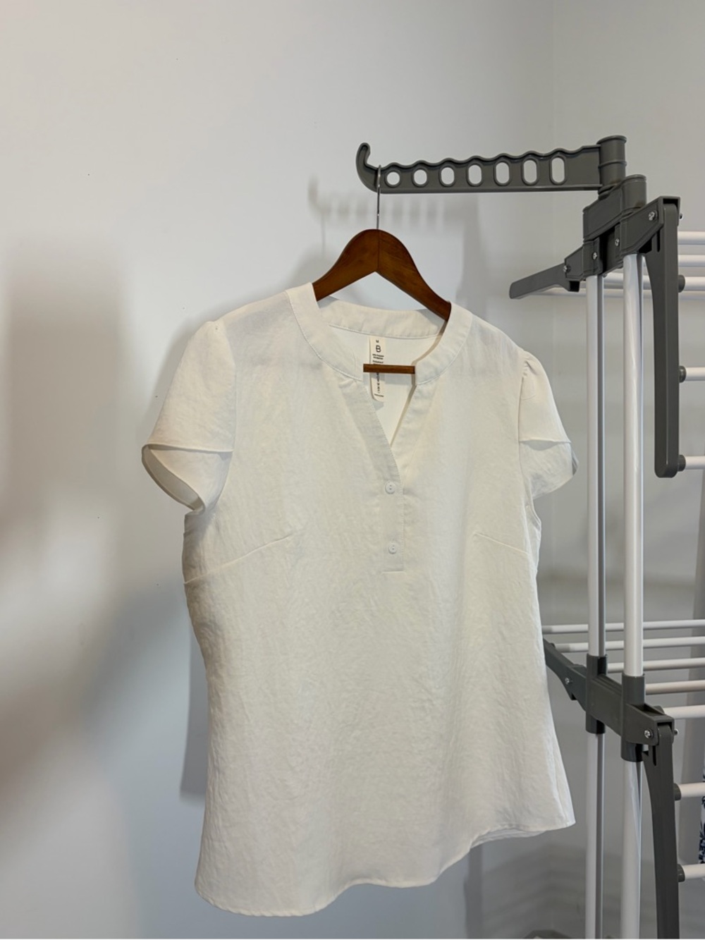 White Short-Sleeve V-Neck Button Detail Top